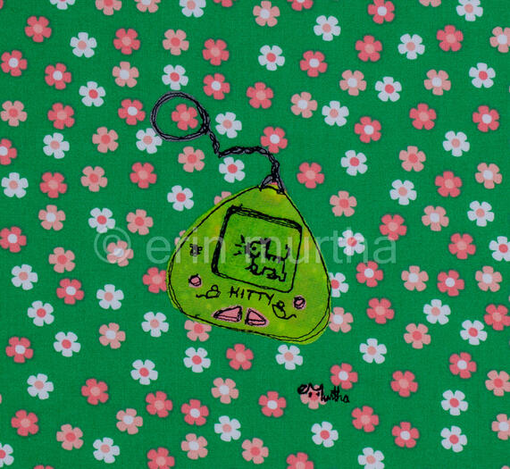 early aughts digital cat pet toy is recreated in 2D using fabric and thread by artist erin murtha