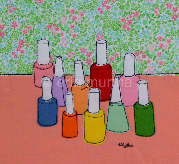 thread and fabric artwork depicting nail polish by erin murtha