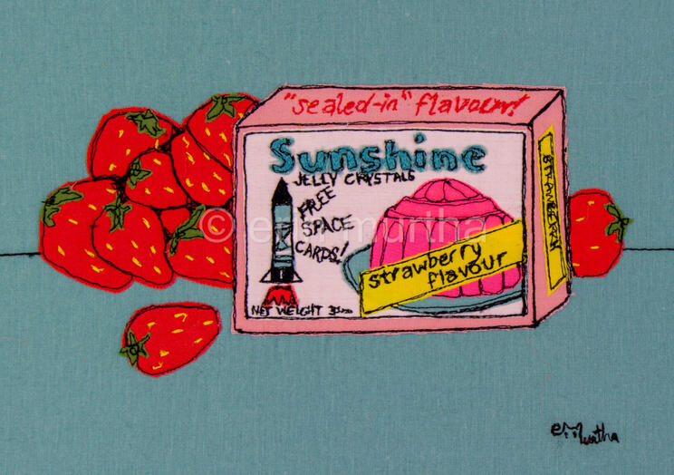 A box of strawberry jelly crystals re-created in textile by erin murtha