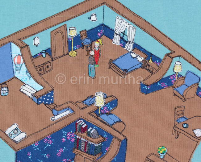 thread and fabric re-creation of an early opening scene of Twinsen's Odyssey, when wife Zoe starts him on his quest.