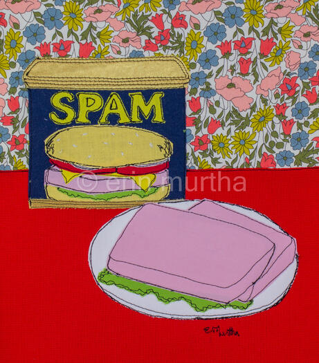 thread and fabric re-creation of can of Spam