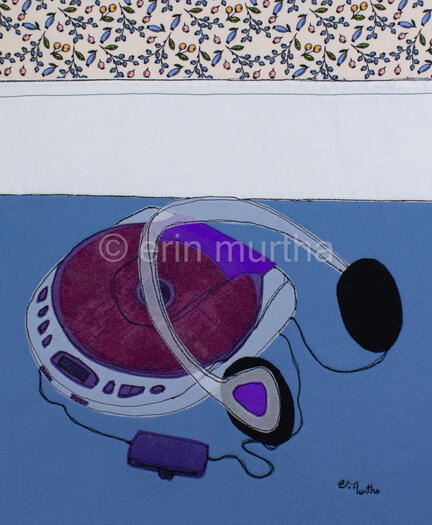 A portable CD player from the early 2000's is recreated in fabric by artist erin murtha