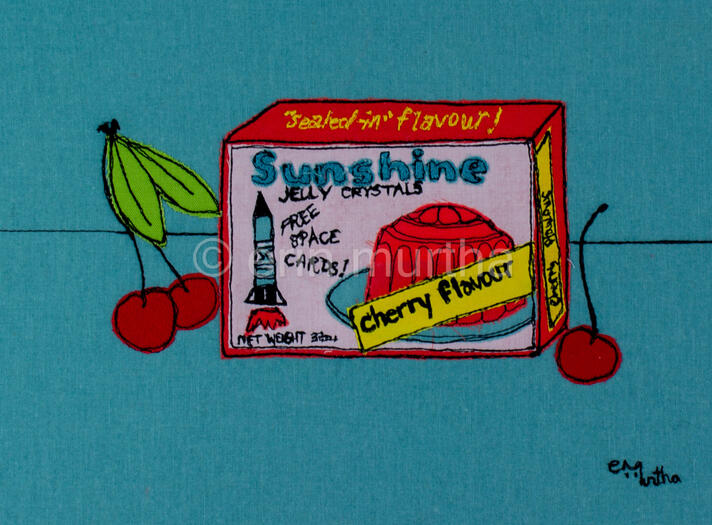 packet of cherry jelly crystals re-created in 2D textile by erin murtha